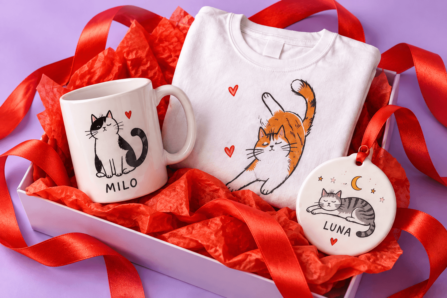 Concept cat artwork on a mug, T-shirt and ornament, styled with red ribbon on lavender.