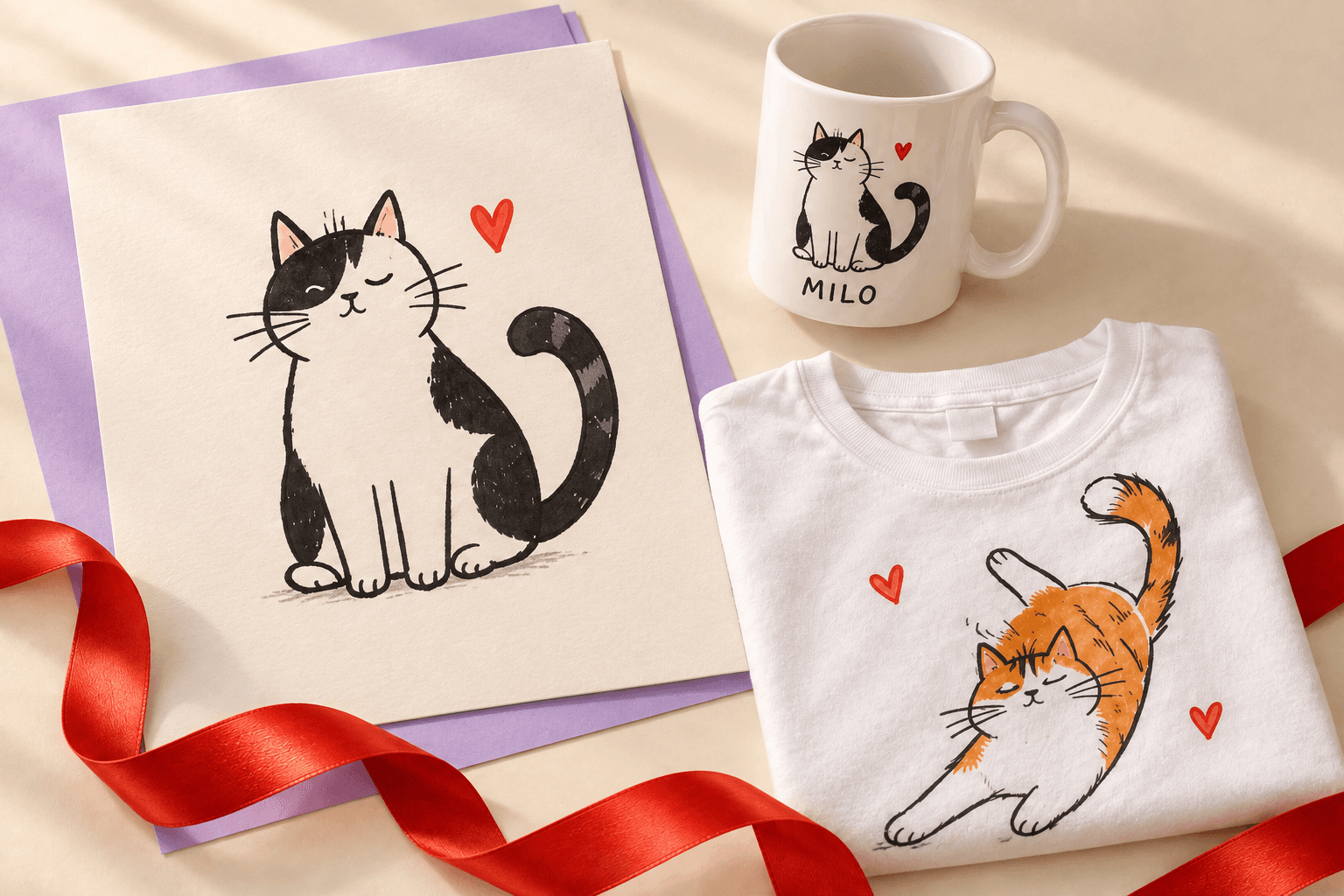 Illustrative cat designs shown across a print, mug, and folded tee on an ivory desk.